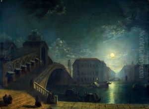 A Moonlit View Of The Rialto Bridge In Venice by Henry Pether