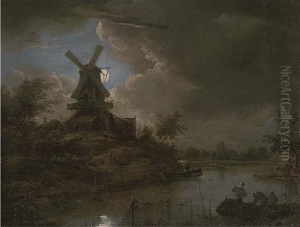 A Moonlit River Landscape With Figures In A Boat In The Foreground And A Windmill Beyond - view 1