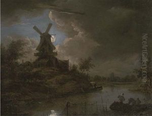 A Moonlit River Landscape With Figures In A Boat In The Foreground And A Windmill Beyond by Henry Pether