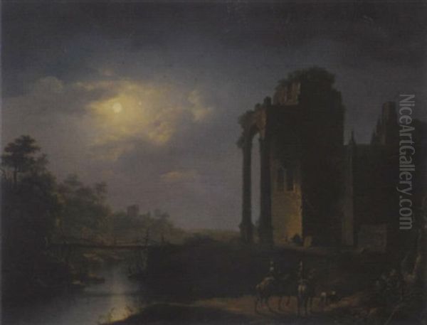 A Moonlit River Landscape With Horsemen By Ruins - view 1