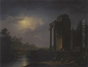 A Moonlit River Landscape With Horsemen By Ruins by Henry Pether