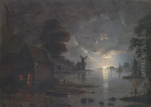 Figures By A Cottage In A Moonlit Lake Landscape With Boats And A Windmill Beyond - view 1