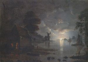 Figures By A Cottage In A Moonlit Lake Landscape With Boats And A Windmill Beyond