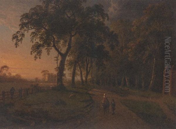 Figures On A Parkland Track With A Country House Beyond - view 1