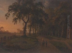 Figures On A Parkland Track With A Country House Beyond