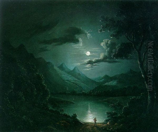 A Moonlit Lake Scene With A Figure And Dog In The Foreground - view 1