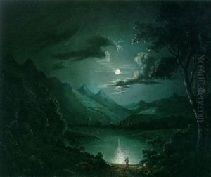 A Moonlit Lake Scene With A Figure And Dog In The Foreground A Moonlit Lake Scene With A Figure And Dog In The Foreground