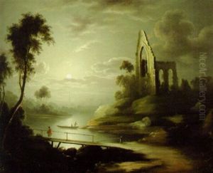 Figures In A Moonlit River With A Ruined Abbey Beyond by Henry Pether