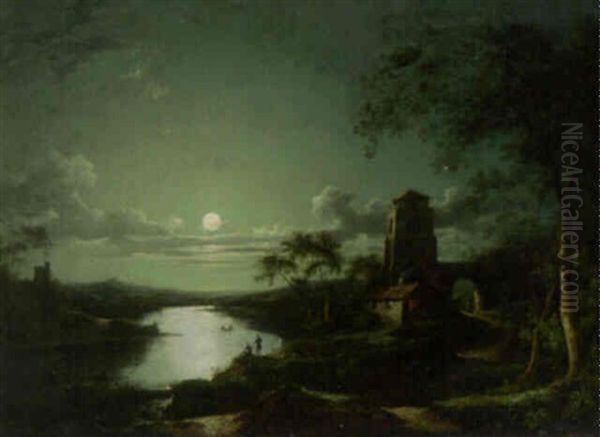Figures In An Extensive Moonlit River Landscape - view 1