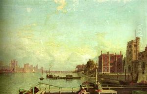 A View Of The River Thames, With The New Palace Of Westminster In The Distance