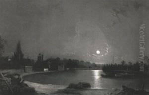 Figures Before A Lake In A Moonlit Landscape With A Town Beyond