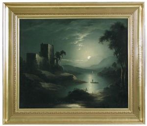 Moonlit Landscape With A Church On A Hill Above A Lake, With Fishermen In A Rowing Boat