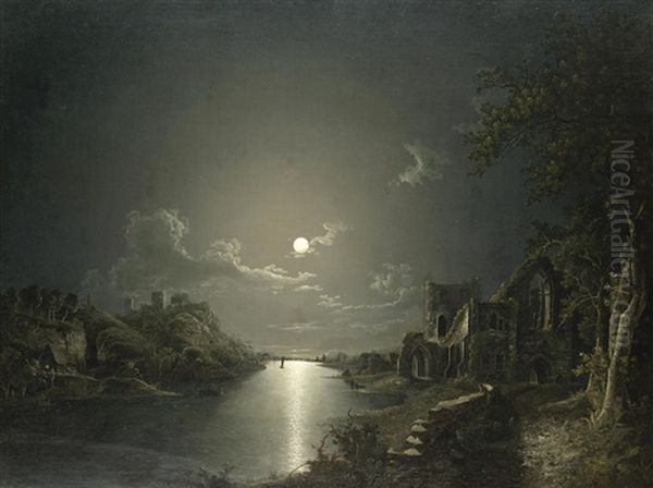 A Moonlit River Scene With Church Ruins - view 1