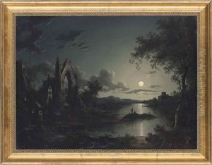 A Moonlit Lake Landscape With A Ruined Abbey And Fishermen On A Promontory, A Town Beyond