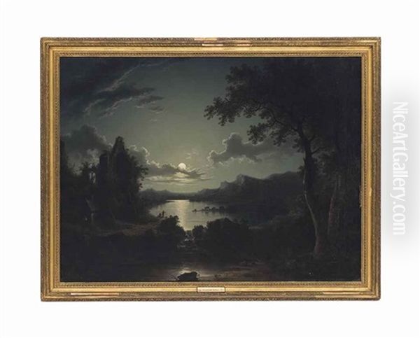 A Moonlit Lake Landscape With A Waterfall, A Ruined Abbey And Fishermen On A Promontory - view 1