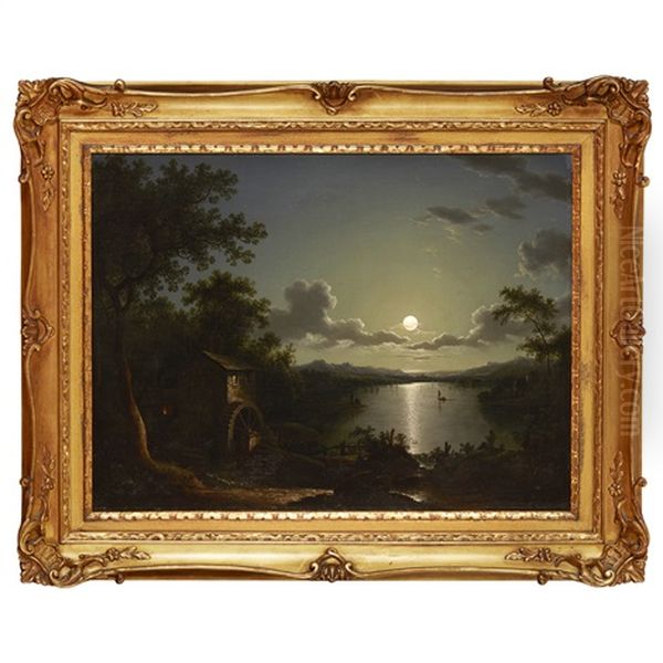 Moonlight Scene With Figures On A Lake - view 1