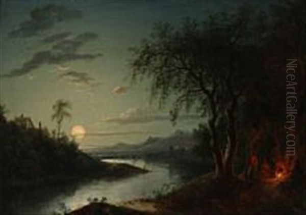 Moon Light Landscape With A Bonfire - view 1