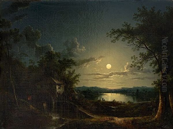 A Watermill Beside A Lake In The Moonlight - view 1