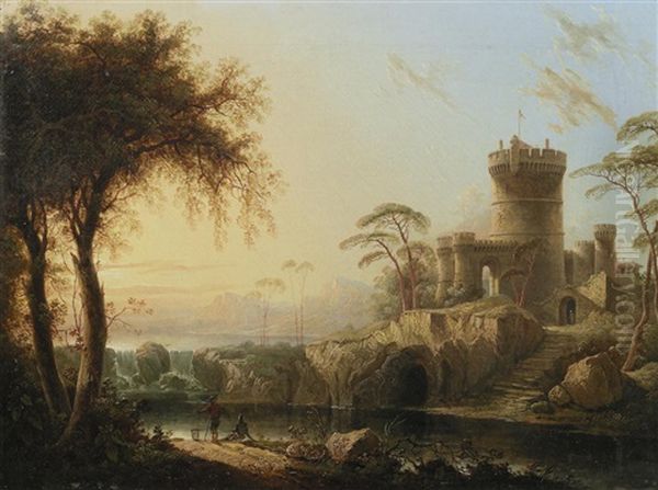 Figures Fishing Before A Castle In An Italianate Landscape - view 1