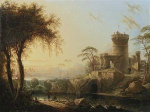 Figures Fishing Before A Castle In An Italianate Landscape Figures Fishing Before A Castle In An Italianate Landscape