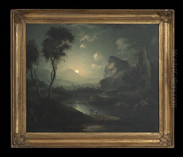 Moonlight Riverscape With Figures And Ruins - view 1
