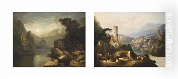 A Moonlit Mountainous River Landscape With Figures On A Hillside Path, A Ruined Castle And An Aquaduct Beyond; An Italianate Mountainous River Landscape With Figures By A Shrine, A Ruined Castle, A Bridge And Hilltop Town Beyond (2 Works) - view 1