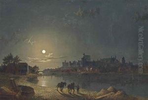 A Moonlit View Of Windsor Castle, With A Traveller And His Horses In The Foreground