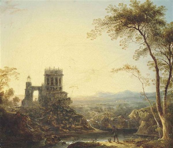 An Extensive River Landscape With A Fisherman By The Shore, Before A Tower - view 1