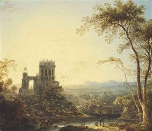 An Extensive River Landscape With A Fisherman By The Shore, Before A Tower