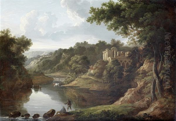 A Wooded Landscape With Fishermen In The Foreground, Horses Watering Before A Waterfall And A Ruined Gothic Building Beyond - view 1