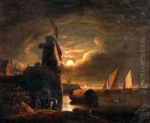 Moonlit River Scene With Barges, Figures And Horse By A Mill by Sebastian Pether