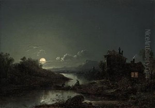 A Moonlit River Landscape With Figures Fishing And A Cottage On The Shore - view 1