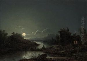 A Moonlit River Landscape With Figures Fishing And A Cottage On The Shore by Sebastian Pether