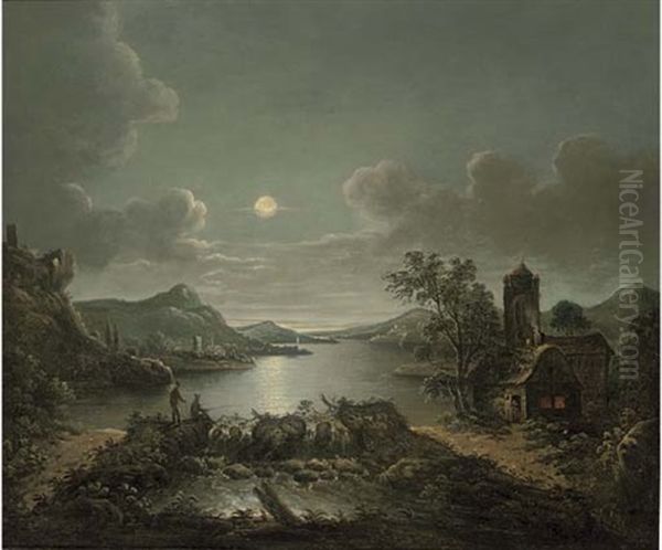 Anglers In A Moonlit River Landscape - view 1