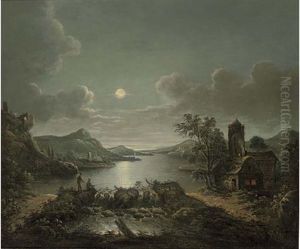 Anglers In A Moonlit River Landscape by Sebastian Pether