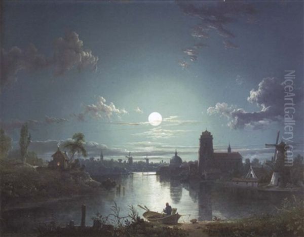 A Riverside Town By Moonlight - view 1