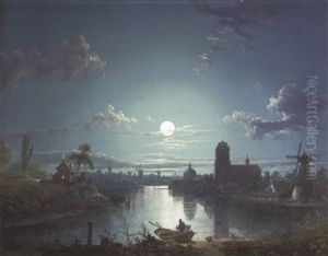 A Riverside Town By Moonlight