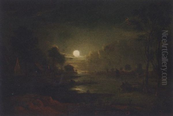 Figures In A Rowing Boat In A Moonlit River Estuary - view 1