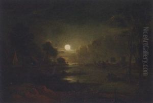 Figures In A Rowing Boat In A Moonlit River Estuary by Sebastian Pether