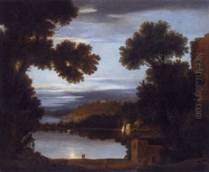 Figures By A Moonlit Lake, Fires Beyond thumbnail