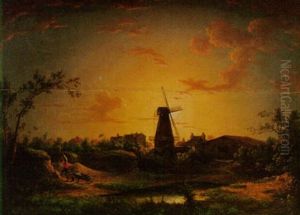 A Worker Digging In A Quarry Near A Village At Sunset