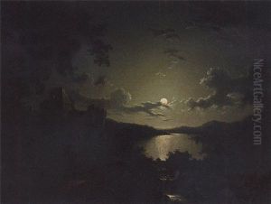 A Moonlit River Landscape With A Castle Ruin In The Foreground by Sebastian Pether