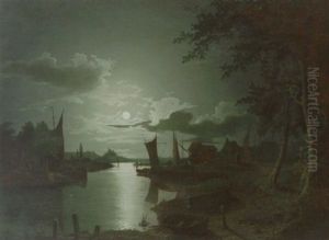 A Moonlit River With Boats Moored By A Hamlet