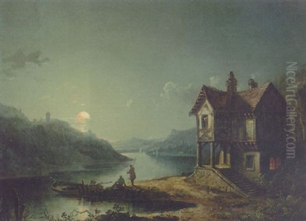 Fishermen By A Moored Boat Before A Cottage In A Moonlit Landscape - view 1
