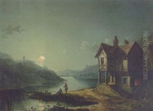Fishermen By A Moored Boat Before A Cottage In A Moonlit Landscape Fishermen By A Moored Boat Before A Cottage In A Moonlit Landscape