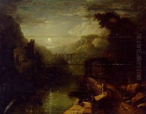 A Moonlit Italianate Landscape With Figures On A Hillside Path