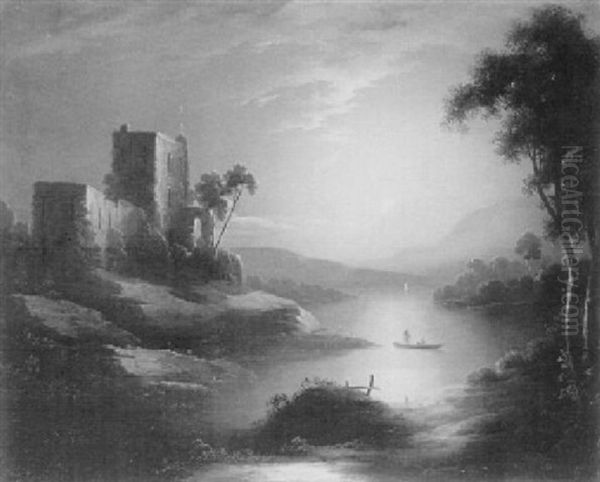 Figures Rowing In A River Landscape With A Ruin, By Moonlight - view 1