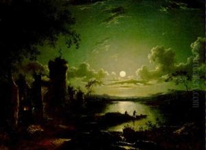 Moonlit Landscape With Figure And Ruined Castle By A Lake by Sebastian Pether