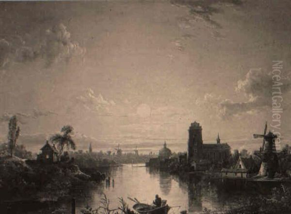 A Dutch Canal Scene By Moonlight - view 1