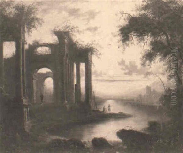 Classical Ruins In A Moonlit Lake Landscape - view 1